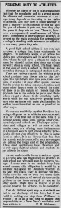 January 16, 1930 article by Paul Alderman in the Davidsonian with the heading, "Personal Duty to Athletics"