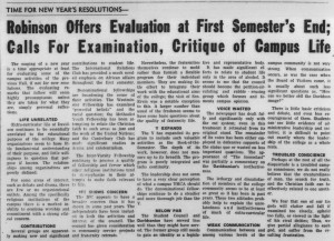 January 8, 1960 New Year's resolutions editorial with the heading, "Robinson Offers Evalutation at First Semester's End; Calls For Examination, Critique of Campus Life"