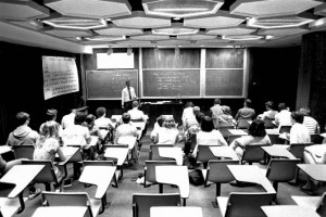 Newly renovated lecture hall with custom designed hexagon lights.