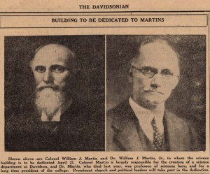 Davidsonian article on dedication of Martin Science in honor of father and son Martins.