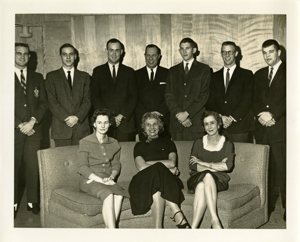 Another group shot, possibly from a college staff party in 1961. Third from the left, top row is future College President John Wells Kuykendall  (Class of 1959, in his role as Assistant Director of Alumni and Public Relations). Also pictured are John R. Horton (to the right of Kuykendall, Class of 1938, Director of Alumni and Public Relations), and Nancy Blackwell (seated, far left - the Blackwell Alumni House is named for Nancy, who worked at Davidson for 54 years).