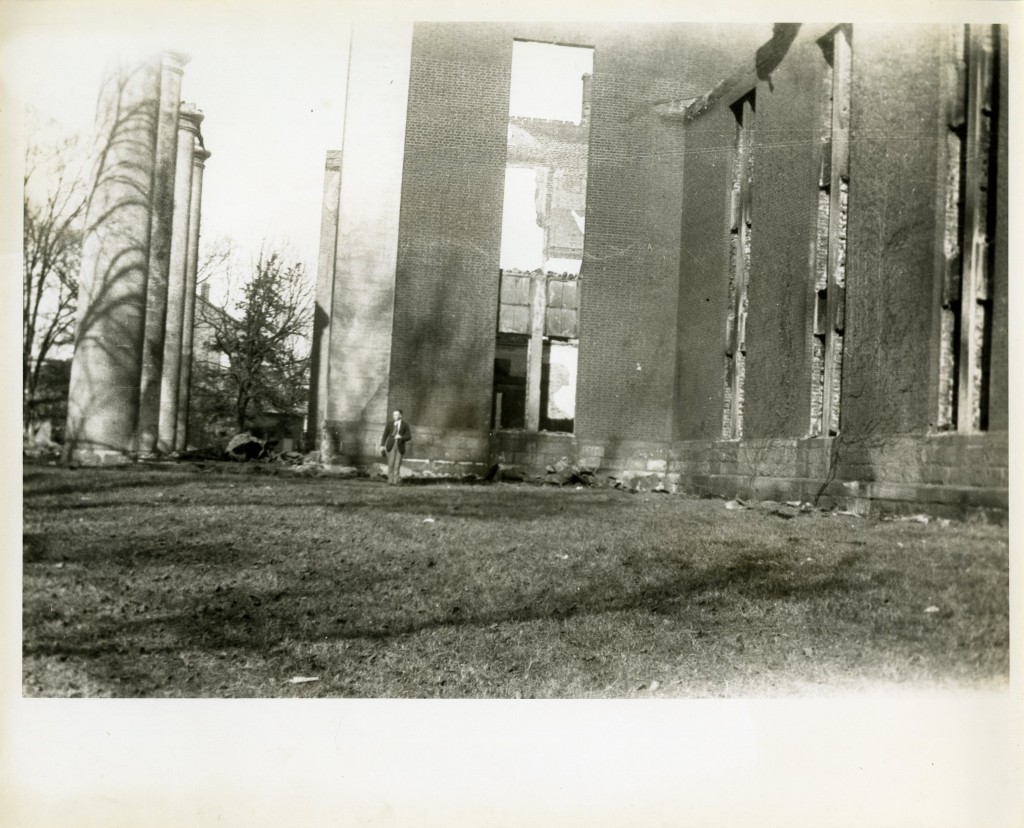 Another view of the gutted original Chambers Building. The "Ghost of Old Chambers" can sometimes be seen on particularly dry days.