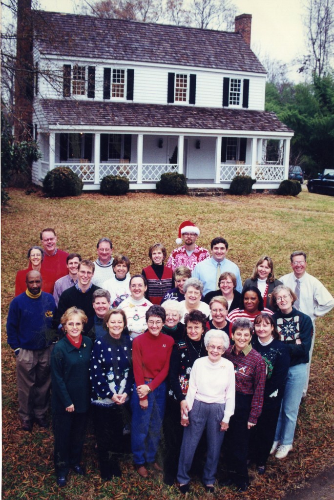 E.H. Little Library staff's annual holiday gathering - this picture, which includes current library staff (Susan Kerr, ) dates from the mid to late 1990s and was taken in front of Beaver Dam.