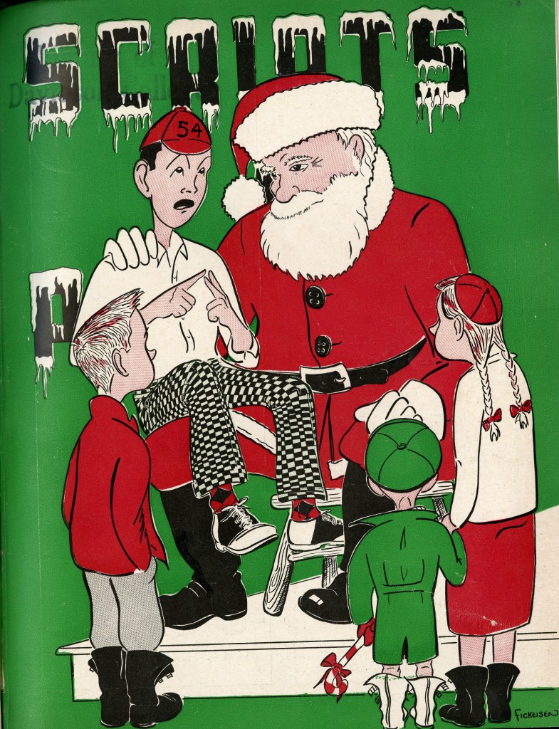 Cover of the Winter 1950 edition of Scripts 'N Pranks, depicting a freshman student (Class of 1954) wearing the traditional beanie, telling Santa what he would like to get this year.