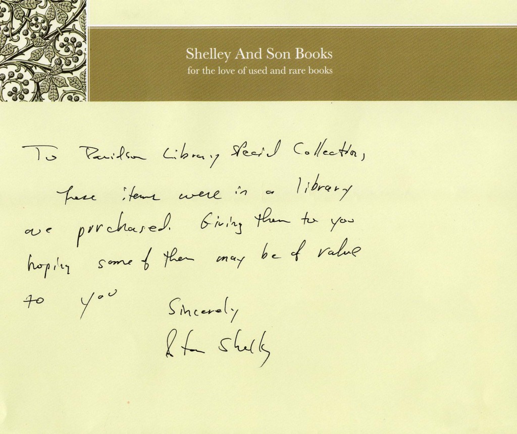 The note that accompanied our mystery parcel, from Hendersonville's on a card with the heading "Shelley And Son Books for the love of used and rare books"