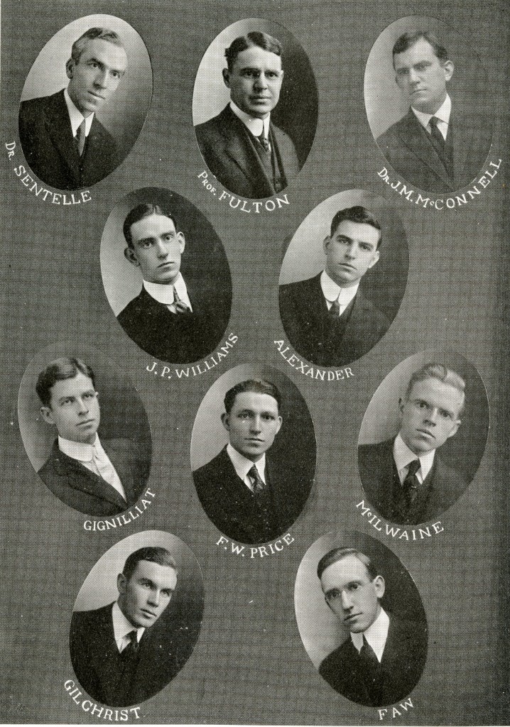 The founding members of the Blue Pencil Chapter of Sigma Upsilon, including faculty members elected during the first meeting in January 1915: Dr. Sentelle (Class of 1894, Professor of Religion and Philosophy, later Dean of Students), Dr. Fulton (Professor of English), and Dr. McConnell (Class of 1899, Professor of History, Economics, Mathematics, and Latin, later Dean of Faculty).