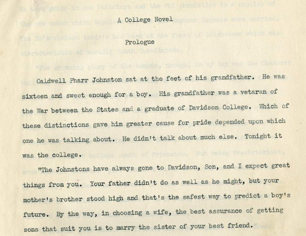 "A College Novel" between 1937 and 1939, including a prologue (shown here) by Chalmers Gaston Davidson, both a student and later faculty member of the Blue Pencil Chapter