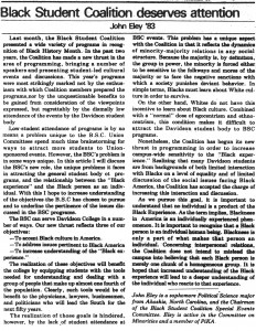 March 13, 1981 editorial with the heading, "Black Student Coalition deserves attention"