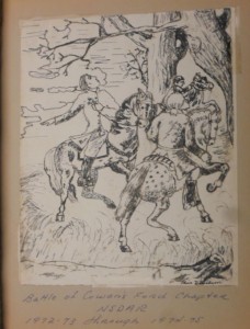 One of 2 scrapbooks from the Battle of Cowan's Ford chapter of the DAR. Three men on spotted horses near to trees