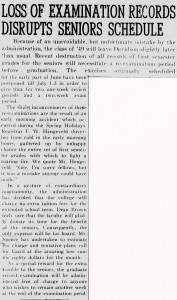 1949 story on an extended semester for seniors, with the heading, "Loss of Examination Records Distrupts Seniors Schedule"