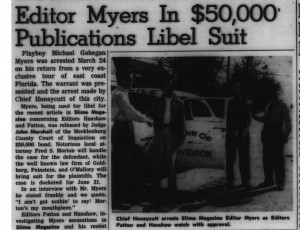 Davidsonian editor in trouble in 1953, with heading, "Editor Myers In $50,000 Publications Libel Suit"