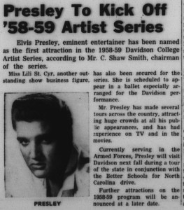 Article about the 1958-59 Artist Series with the heading, "Presley To Kick Off '58-59 Artist Series"