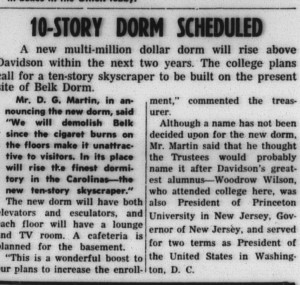 1958 proposal for a high-rise for Davidson in the Davidsonian with heading, "10-Story Dorm Scheduled"