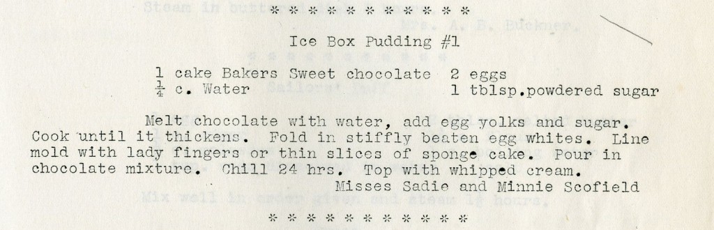 Recipe for Ice Box Pudding #1, as published in 1928.