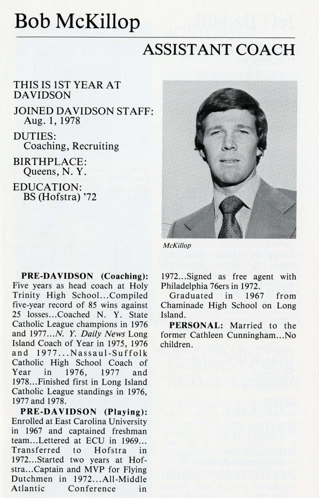 Bob McKillop's assistant coach bio in the 1978 - 1979 season.