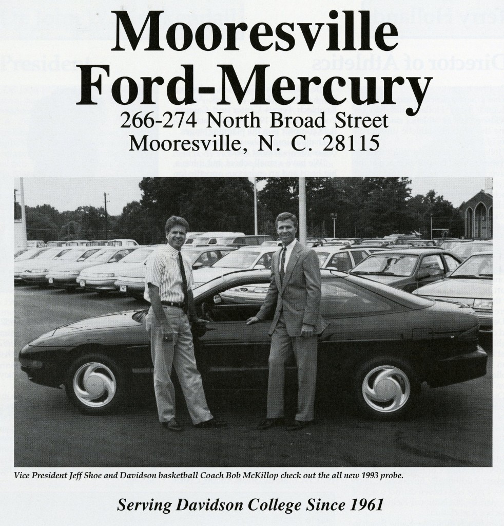 Bob McKillop posing with Jeff Shoe of Mooresville Ford-Mercury, for the 1992 - 1993 media guide.