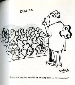 Technology humor 1961, A man with a wind-up key on his back looking out towards an audience with the word Rambler floating in the air captioned, "Today teaching has reached an amazing point of mechanization"