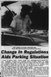 Article with the heading, "Change In Regulations Aids Parking Situation" with an image of a cop writing a ticket