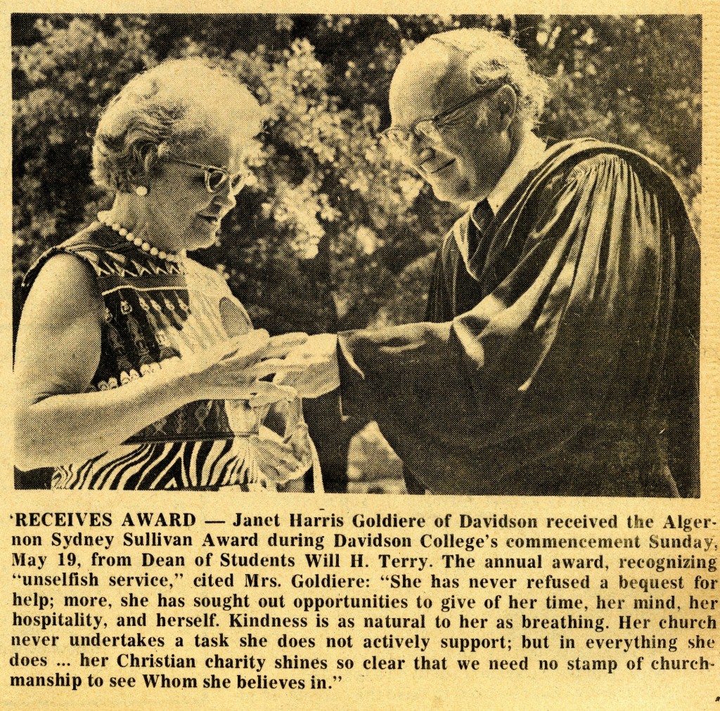 Janet Goldiere accepting the Algernon Sydney Sullivan Award, from the May 22, 1974 Mecklenburg Gazette.