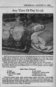 A recipe from 60 years ago for Apple Sauce Nutbread in an article with the heading, "Any Time Of Day Snack"