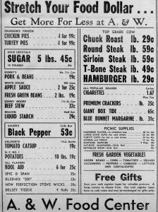 Grocery ad from same issue - Applesauce was 2 for 25 cents and sugar only 45 cents for 5 pounds.