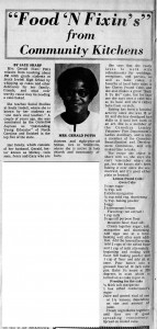 Article about Mrs. Geral Potts and two recipes for Lemon Pound cold Oven Cake and Frosting for the cake with the heading, ""Food 'N Fixin's" from Community Kitchens"