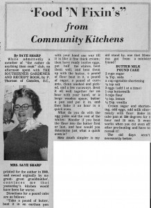 First column by Saye Sharp with a Butter Milk Pound Cake recipe, and a heading, ""Food 'N Fixin's" from Community Kitchens"