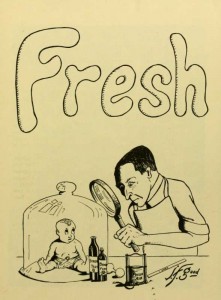 Sketch from 1916 yearbook putting the class of 1919 in their place. A baby in a vat while a man with a magnifying glass looks at it