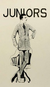 A sketch of a sophisticated man in a suit leaning on a swivle chair with "Juniors" in bold letters above him.