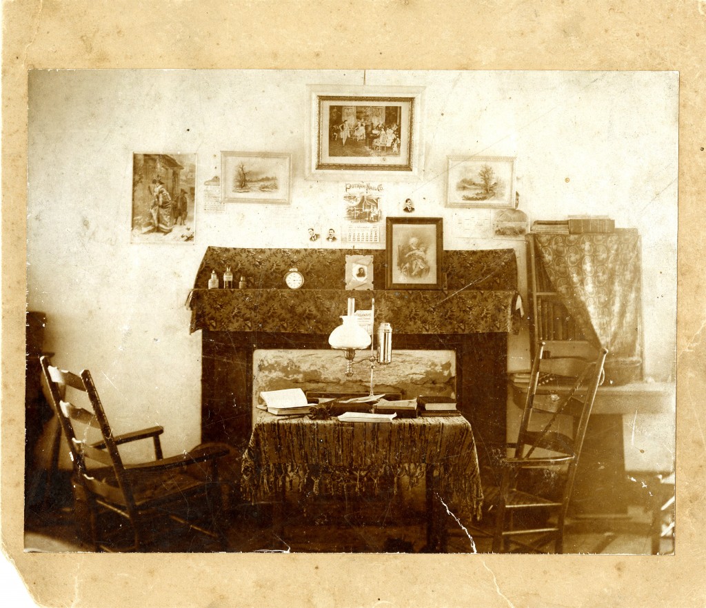 This image of a dorm room in Old Chambers circa 1895 is the earliest known photograph of the interior of a students room. The image centered above the mantelpiece appears to be a Degas print. 