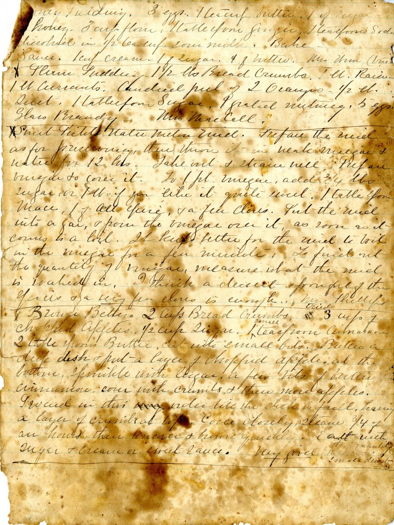 The page from Jennie Martin's cookbook that includes the Brown Betty recipe.