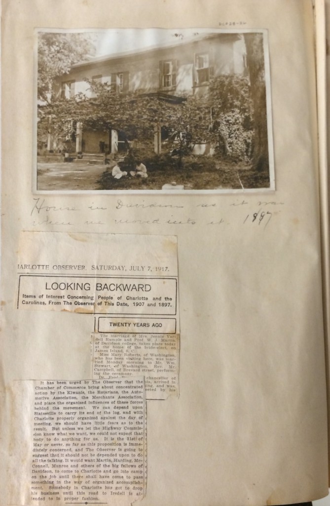 A page from Jennie Martin's scrapbook, including an image of two of the Martin children on the lawn of the Davidson College President's House, and a newspaper clipping celebrating the Martins' twentieth wedding anniversary.