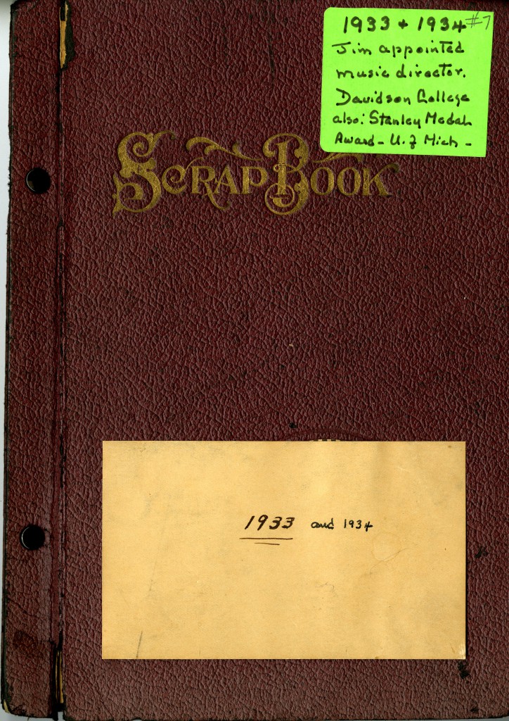 The cover of J.C. Pfohl's 1933-1934 scrapbook, covering the first year he began working at Davidson.