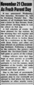 1953 Davidsonian article announcing Freshman Parents Day with the heading, "November 21 Chosen A Frosh Parent Day"