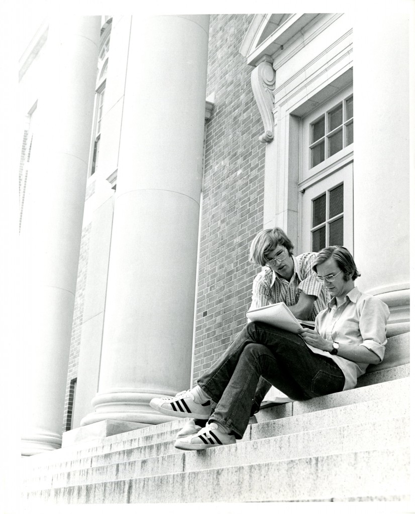 Two students study on the steps of the Grey Library (now Sloan Music Center), 1971.