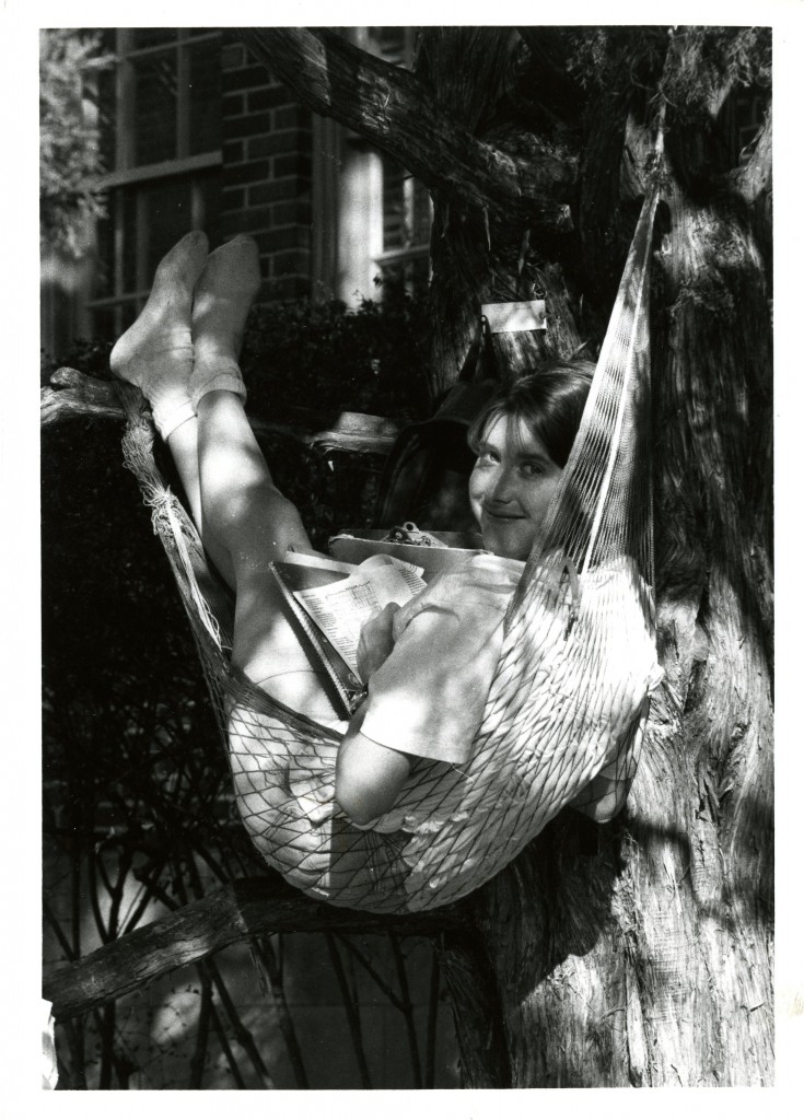 Susan Fischer (Class of 1995) studies in a hammock, 1994.