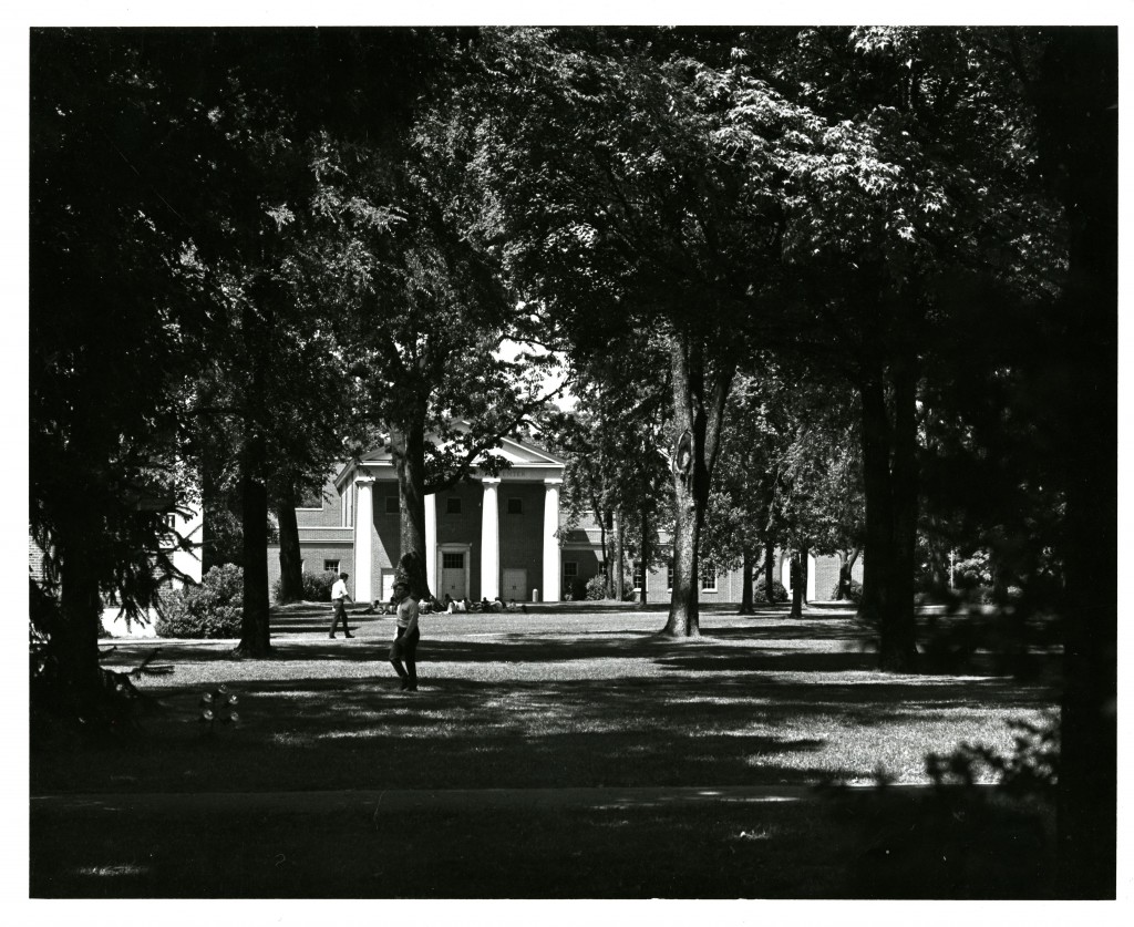 A group of students gather in front of the Cunningham Fine Arts Building (Cunningham Theatre Center since 2009) in 1969. Photo by Earl W. Lawrimore (Class of 1966).