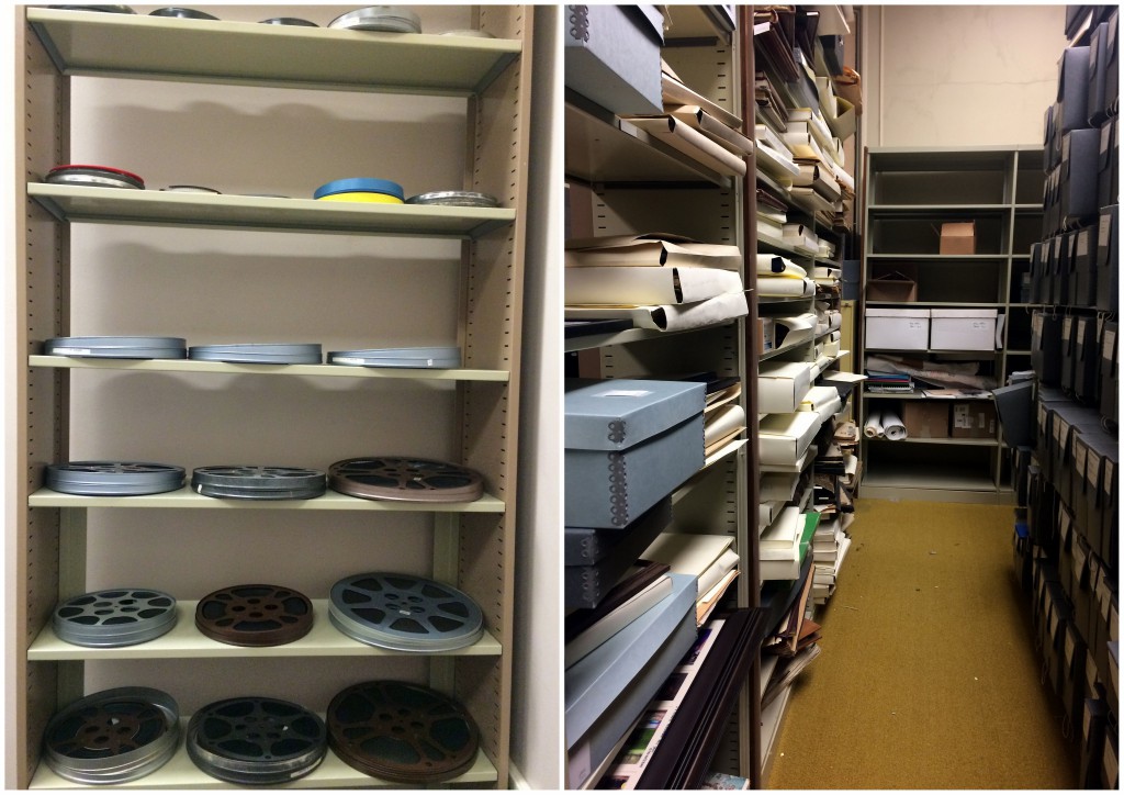 Our film collection (left) and scrapbook collections (right) in one of our storage rooms.