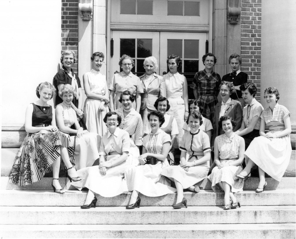 The caption on this photo reads: "The original Chambermaids." Taken in 1955, this picture includes: Kathryn Halliburton, Kathy Wilson, Dela Shore, Mildred Little, Sally Wilson, Nan Lingle, Betty Wally, Peggy Cashion, Page Huckabee, Blanche Parker, A. Wilson, C. Bordeaux, B. Brooks, Joyce Fleagle, H. Allen, Loyce Chaney, Florede Meetze.