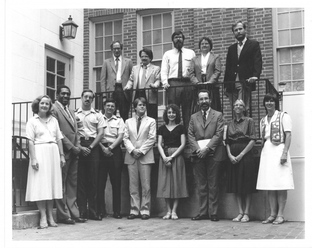 A photo of all new faculty for the 1983-84 academic year - Gail Gibson is on the far left of the front row.