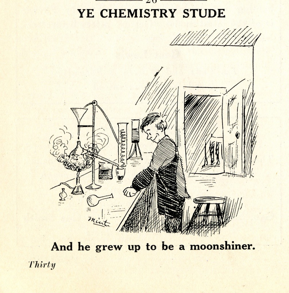 This cartoon from the 1925 Sanity Rare pokes fun at a practical life application of chemistry studies - making moonshine.