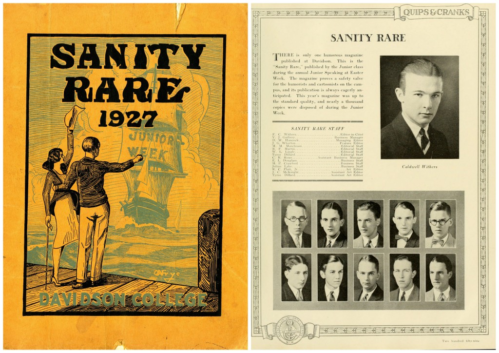 Cover of the 1927 issue of Sanity Rare, and the student activity page describing the magazine and listing its staff in the 1927 Quips and Cranks.