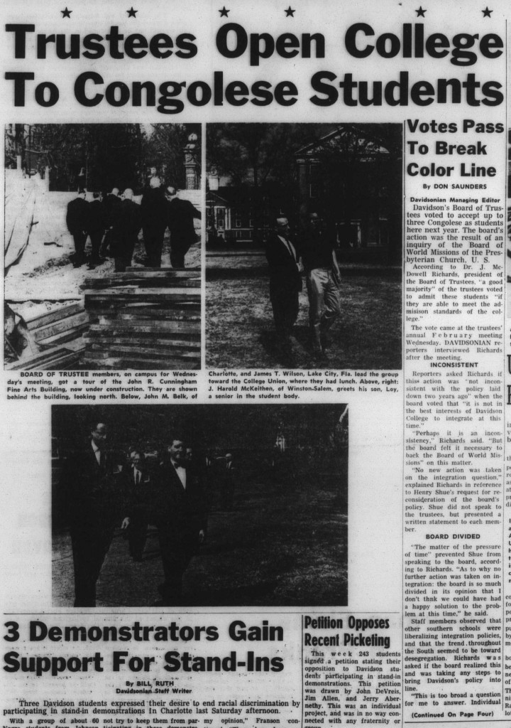 Front page of the February 17, 1961 Davidsonian. The headline, "Trustees Open College To Congolese Students"