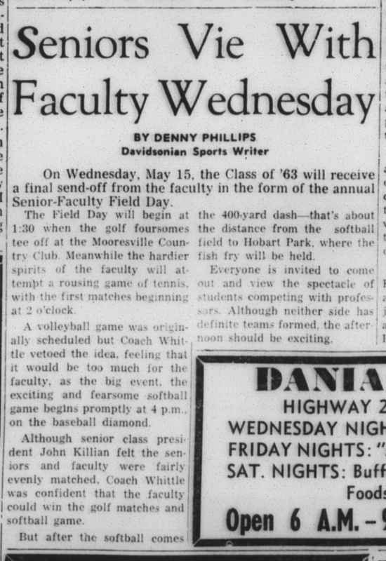 Last report on a Senior-Faculty Day - May 1963, "Seniors Vie With Faculty Wednesday"