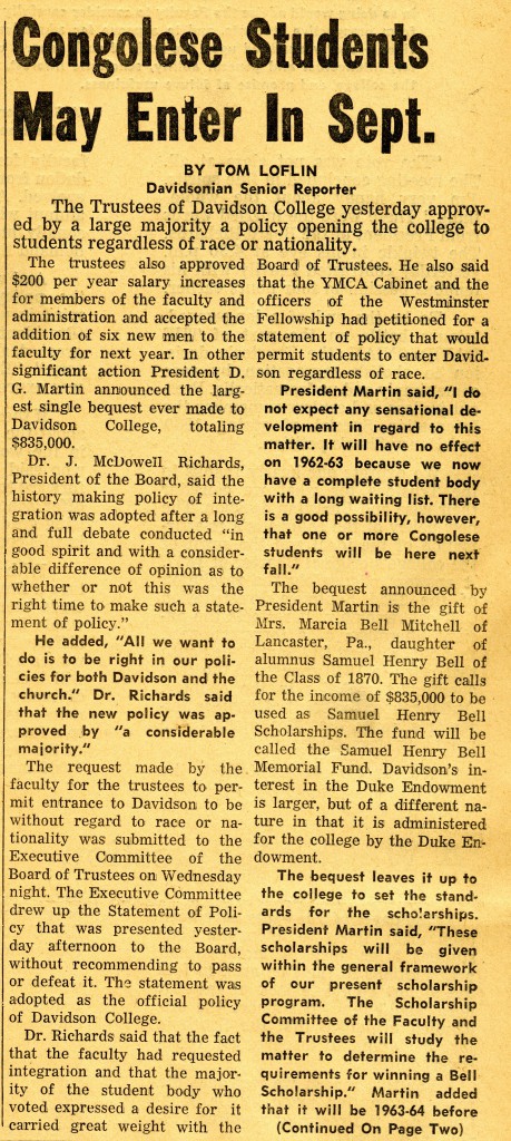 Front page of the May 18, 1962 Davidsonian, announcing that "Congolese students may enter in Sept."