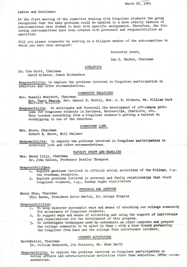 Letter from committee chair Dan Rhodes to the members of the committee detailing each sub-committee's assignments. May 20, 1961.