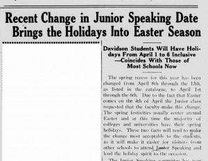 February 4, 1926 Davidsonian article on spring holidays, "Recent Change in Junior Speaking Date Brings the Holidays Into Easter Season"