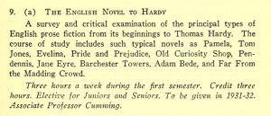 1929 Catalog listing announcing the new course The English Novel to Hardy.