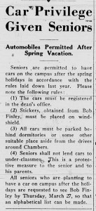 March 27, 1941 announcing new car rule, "Car Privilege Given Seniors"