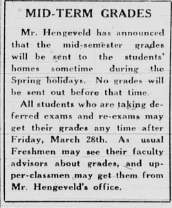 March 27, 1941 announcing grade notices, "Mid-Term Grades"